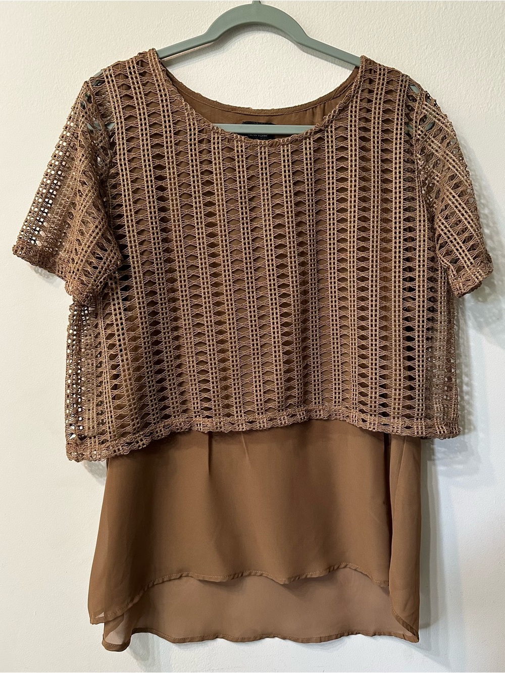Shannon Ford NY Brown Cotton Crochet Layered Chiffon Top High Low Blouse L